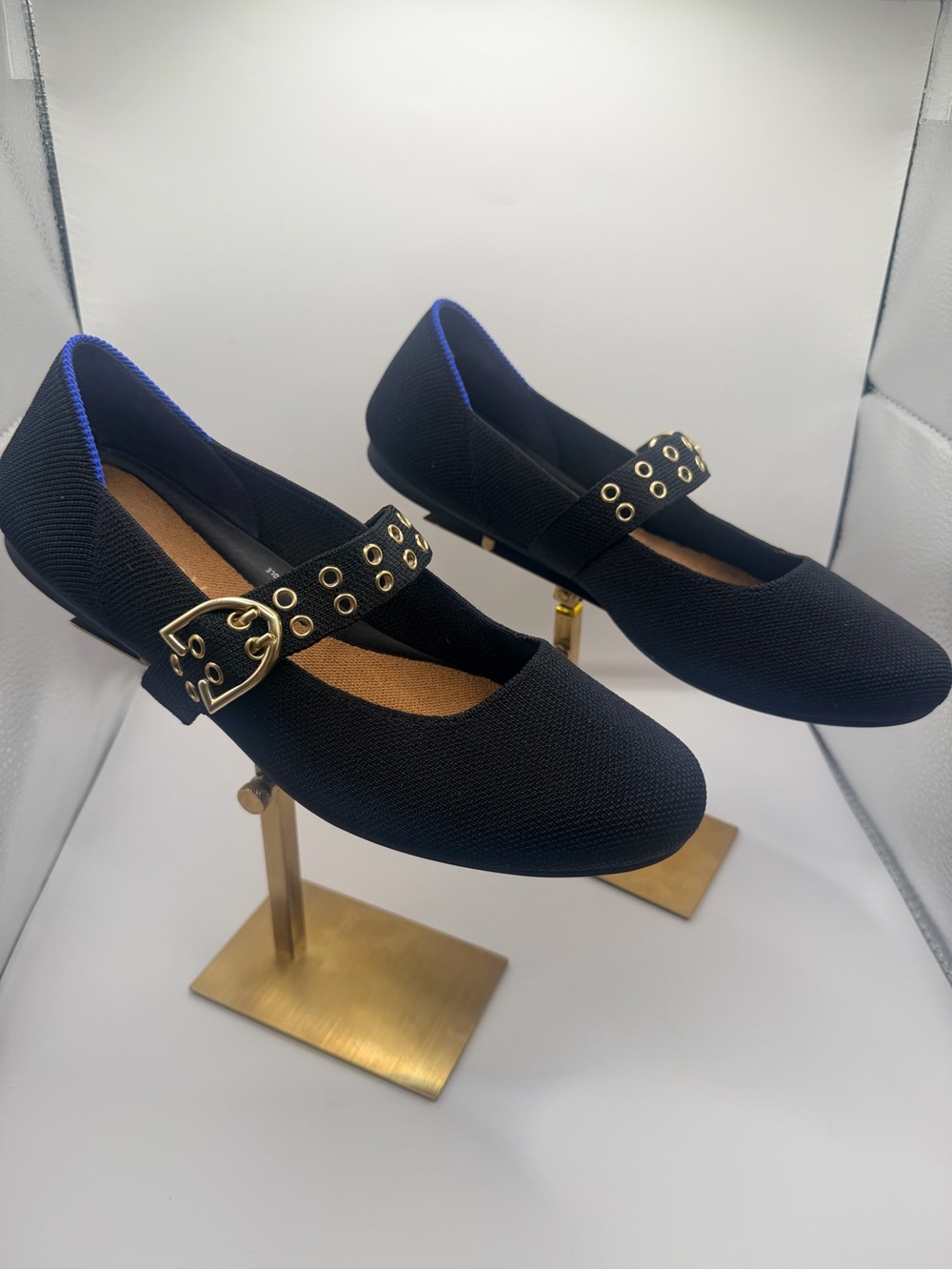 Rothy's Black Knit Mary Jane Flats with Gold Eyelet Strap - Picture 4 of 5